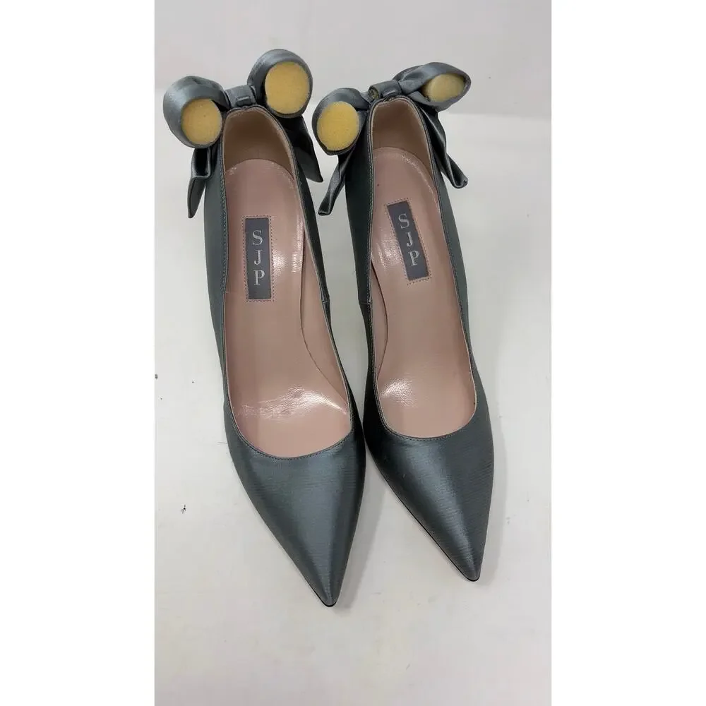 New SJP Lucille grey satin bow classic pumps 37.5 7.5